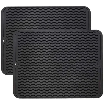 

Silicone Dish Drying Mats 2 Packs Easy Clean Dishwasher Safe Heat Resistant Eco-Friendly Trivet Black Large 15.8 Inches x 12 Inc