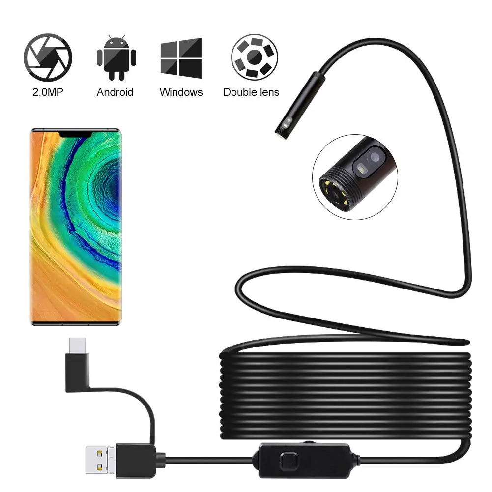 Cámara de inspección endoscópica impermeable, endoscopio de doble lente de 8mm, 1m, 3,5 m, 5m, IP67, de 2MP boroscopio, tubo de inspección de serpiente para Android y PC