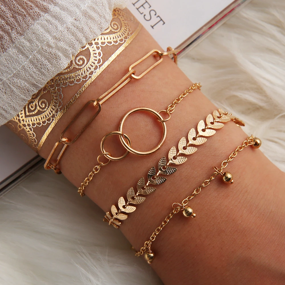 

4 Pcs/set Fashion Geometry Set for Women Gold Chain Bangles 2020 Leaf Bracelet Beach Bohemian Cuff Jewelry 2020