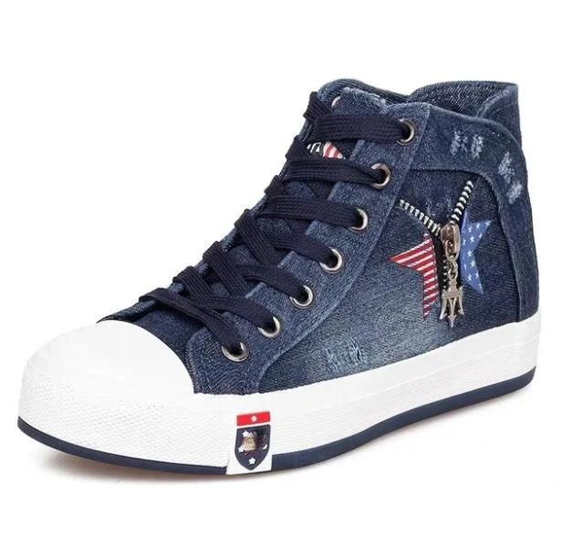 Women New Denim Flat-heel Round Toe Lace-up Skull Metal Decoration High-top Comfortable Fashion Classic Platform Casual Sneakers 