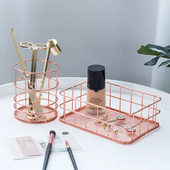 

Fashion Rose Gold Iron Art Storage Basket Cosmetic Organize Pen Makeup Brush Holder for Home Desktop Storage Basket Container
