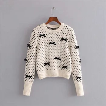 

Za women's new long sleeve round neck contrast stitching embroidered rib layer knitwear bow knitwear sweater in autumn 2019