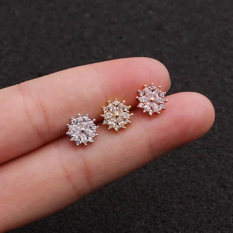 

TTLIFE Flower Stud Earrings Stainless Screw Earrings Crystal Flower Earrings Rook Tragus Helix Conch Cartilage Studs Piercing