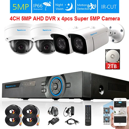2 Bullet and 2 Dome TOPROHOIME H.265+ 4ch AHD DVR система HD 5MP 1/3 ''SONY IP66 Vandalproof In/Открытый комплект камер видеонаблюдения Видео набор для наблюдения 2T - Цвет: 2 Bullet and 2 Dome