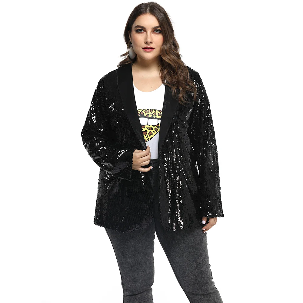 5XL шикарный блейзер с блестками Feminino Осенняя Женская куртка размера плюс черные блестящие вечерние Блейзер Mujer Повседневная Уличная одежда blaser 25