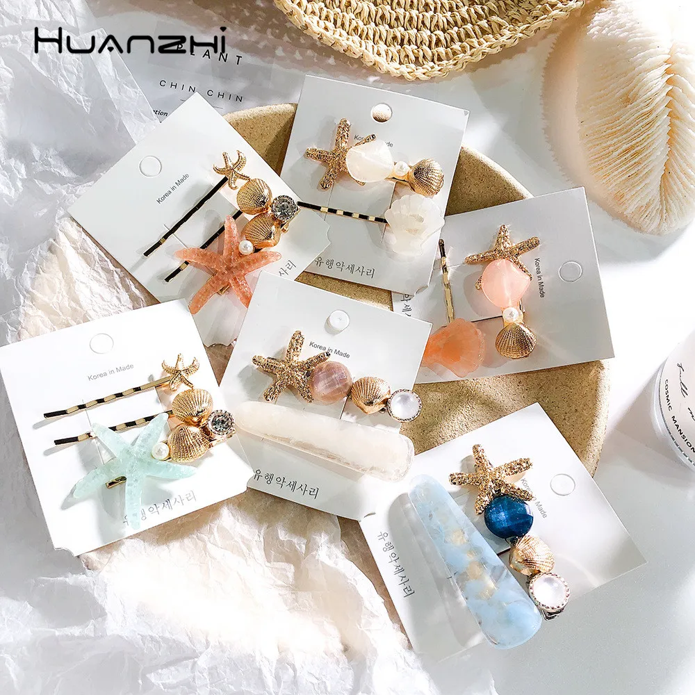 

HUANZHI Starfish Hairgrip Barrette Shell Acrylic Hair Clip Imitation Pearls Hairpin Translucent Hair Accessories For Women Girls