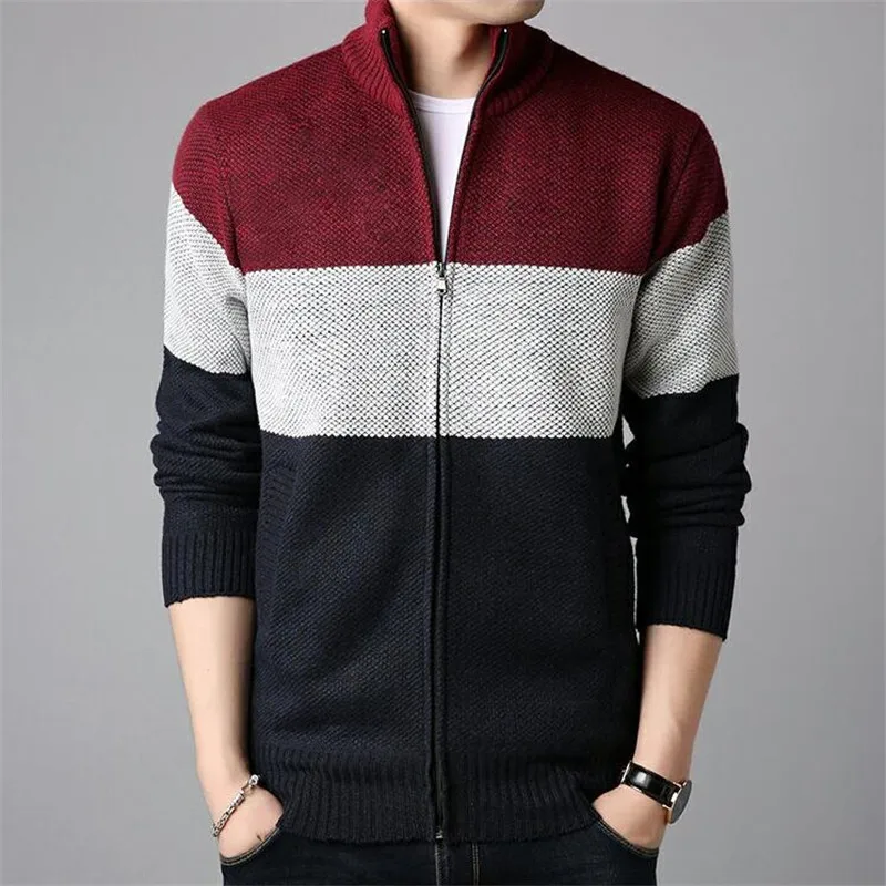 GustOmerD Autumn New Men's Sweater Casual Cardigan Knit Plus Velvet Thickening Sweater Collar Colorblock Long Sleeve Sweater Men GustOmerD Autumn New Men's Sweater Casual Cardigan Knit Plus Velvet Thickening Sweater Collar Colorblock Long Sleeve Sweater Men