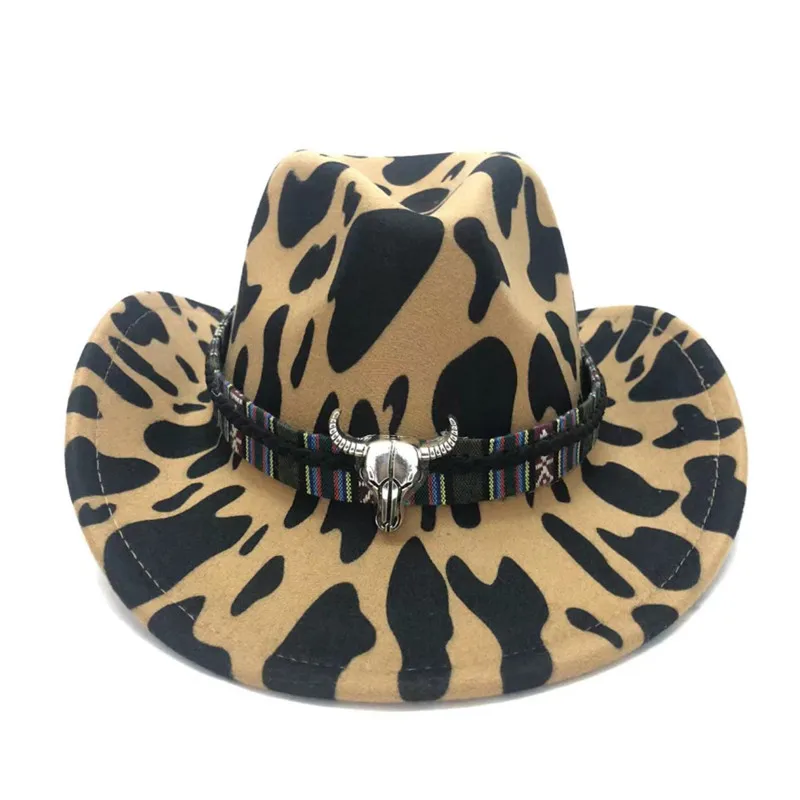  - 2021 cowboy hat jazz cow pattern curved edge monochrome knight felt hat for men and women with big eaves шапка мужская
