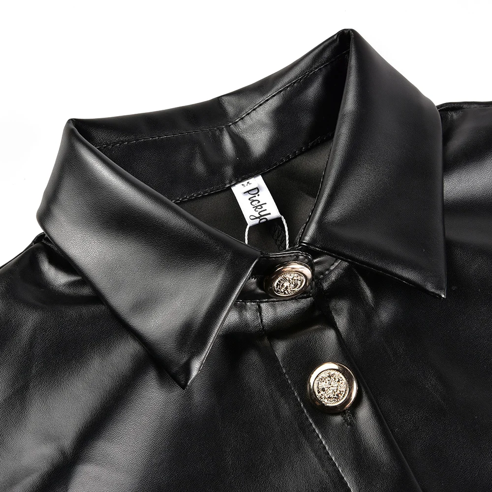 Women's Faux Leather Long Sleeve Blouse - Casual Button Down PU Leather Shirt with Turn Down Collar image 4