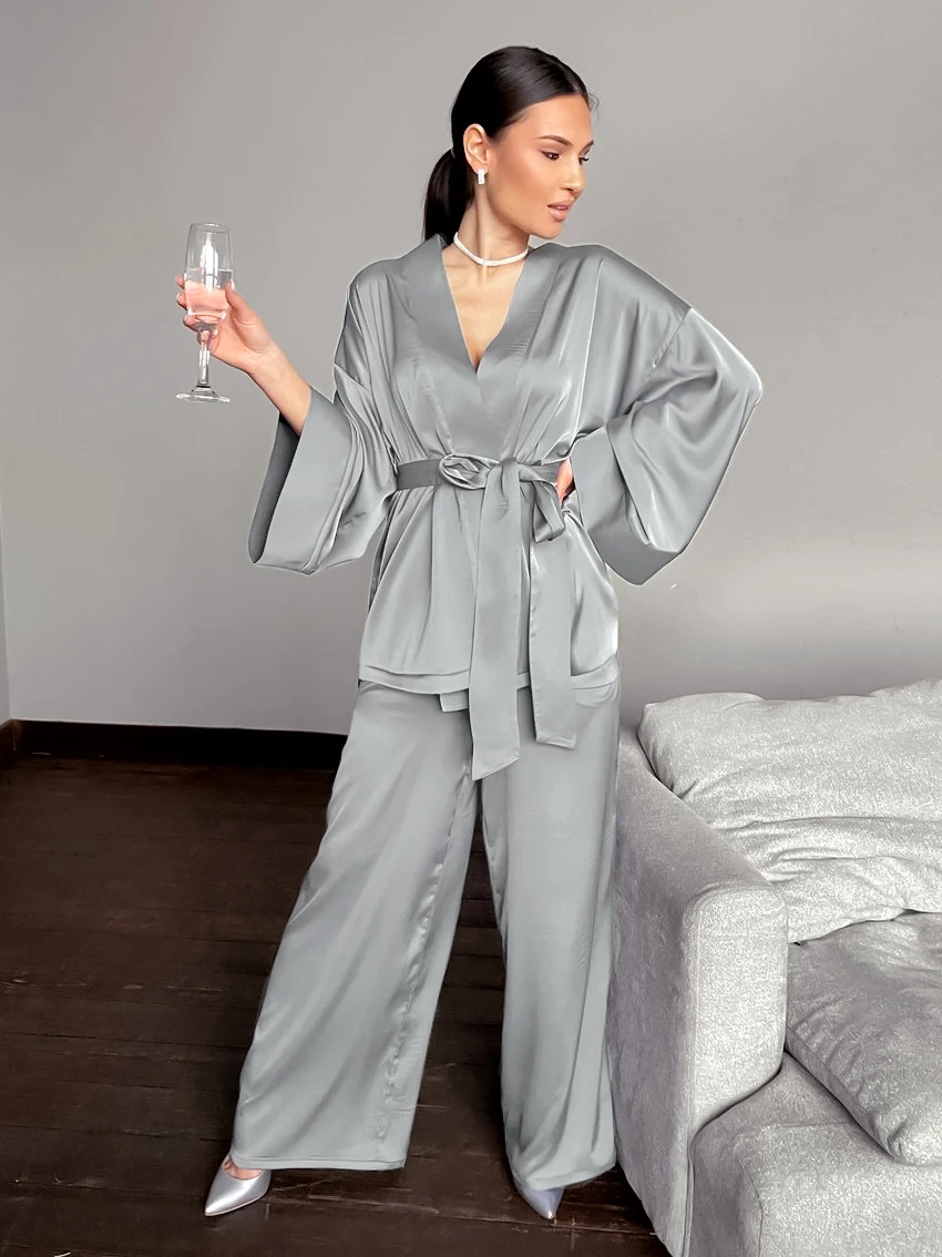 Women Robes With Sashes 2 Piece Set Wrist Sleep Tops Satin Pants Loose Pajamas Casual Sleepwear Female Home Suits