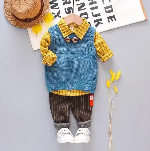 

Baby Boy Clothes 2019 Korean Fashion Sweat Vest + Lapel Plaid Shirt + Pants 3 Piece Set Newborn Suit Outfits Bebes Jogging Suits