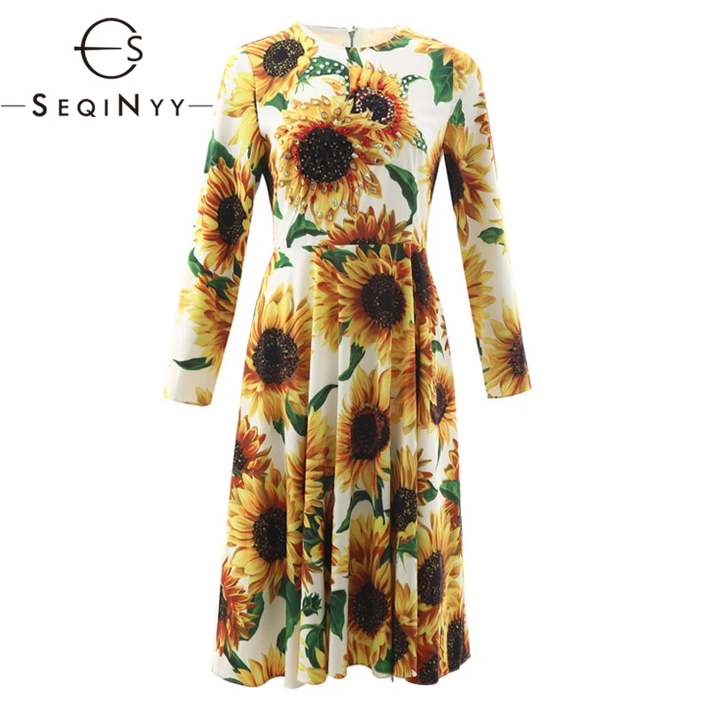 

SEQINYY Sunflower Printed Dress 2020 Summer Spring New Fashion Design Luxury Bead Sequins Long Sleeve Midi Dress Women