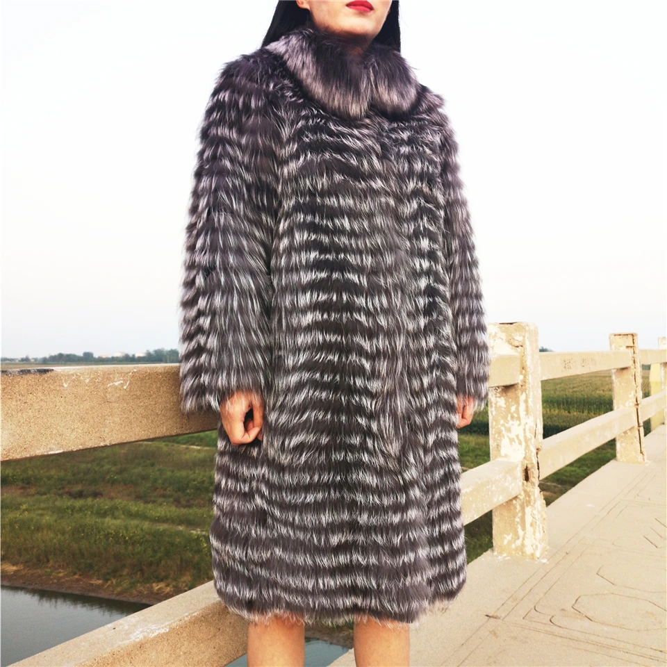 Женская зимняя куртка из натурального меха лисы, шуба из натурального меха размера плюс, натуральный мех серебристой лисы, длинное вязаное пальто, новинка, высокое качество