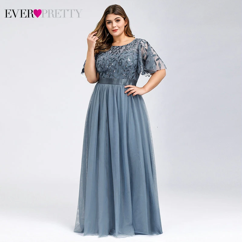 Plus Size Sequined Long Prom Dresses Ever Pretty A-Line O-Neck Ruffles Sleeve Elegant Tulle Party Gowns Vestido De Gala 2020