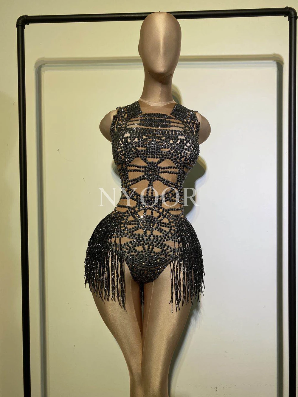 Black Tassel Rhinestones Bodysuit Women Sleeveless Skinny Leotard Nightclub Stage Performance Dance Costume Rave Festival Outfit