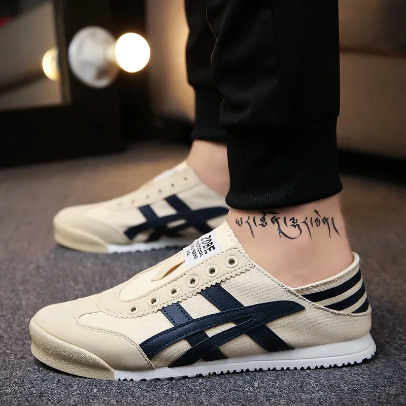 

Summer lace-free breathable canvas shoes for men and women of the same couple students flat wear two pedal tiger forrest shoes