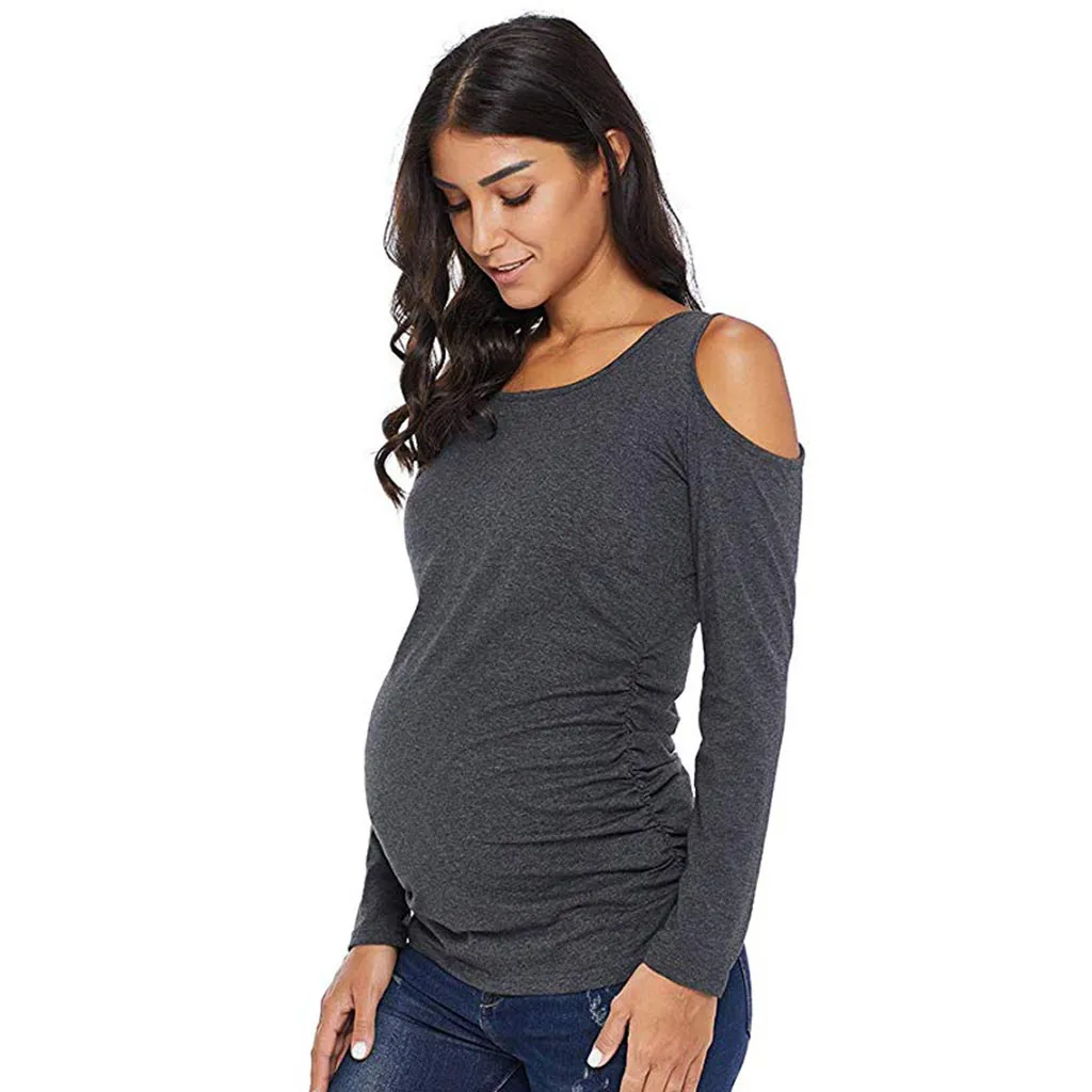 Новинка года; женская рубашка ropa de mujer Одежда для беременных и мам футболки в полоску с длинными рукавами и открытыми плечами для беременных