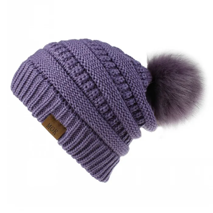 Woman Winter Warm Knitted Hat with Faux Fur Pom Pom Ball Skully Beanie hats Soft Thick Female casual ski caps - Цвет: purple