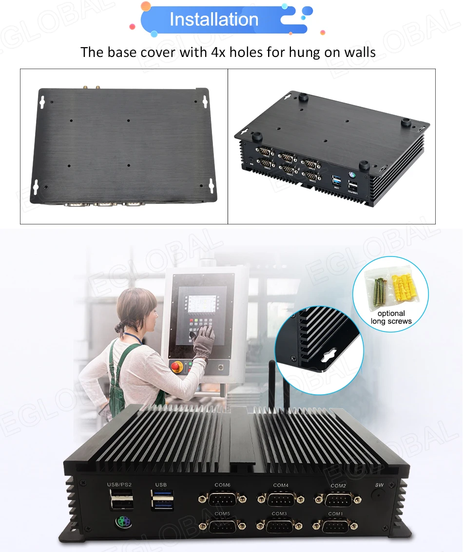 Elevate Your Operations with the Eglobal Industrial Fanless Mini PC - 6 COM, 2 LAN, Windows/Linux, Barebone System. Experience 7/24 Hours Working, 4 USB 2.0, 4 USB 3.0, and WIFI. Upgrade your industrial setup with this high-performance computing solution! Description Image.