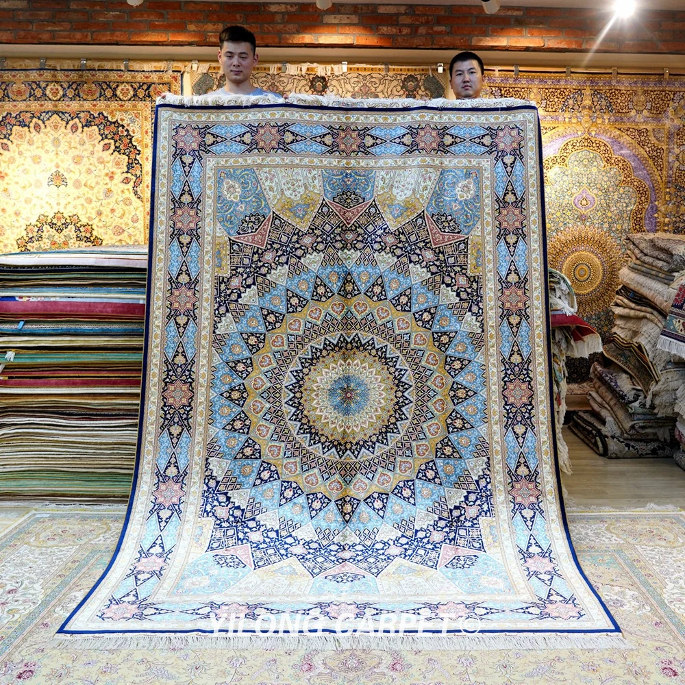 Yilong 6 'x 9' персидские ковры ручной работы синие искусственные шелковые (ZQG436A) |