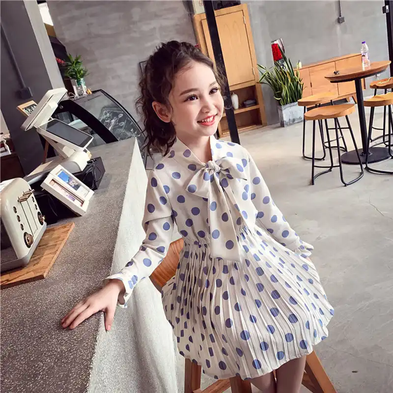 Child Girls Clothes Dresses Long Sleeves Autumn Dress Dot Baby One Piece Bule Party Elegant Dresses Kids Draped Girls Clothing Dresses Aliexpress