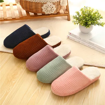 

Winter Warm Home Slippers Striped Soft Bottom Couple Thick Bottom Slippers Non-slip Solid Flat Green Pink Snow Warm Slippers Hot