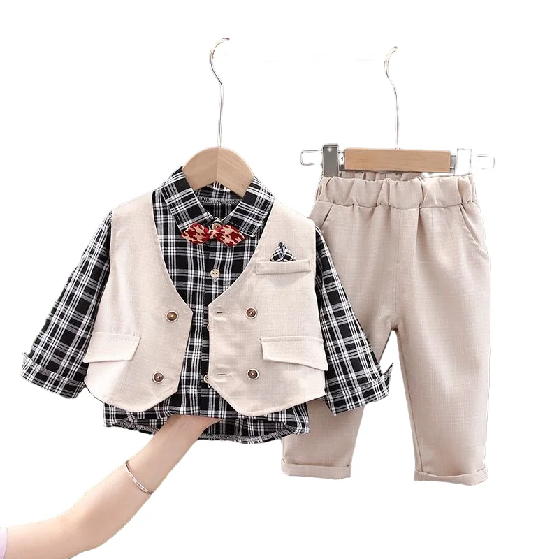 

Baby Boy Clothes Set 2022 Spring Gentleman Shirt+Vest+Pants Formal Clothing Outfit Party Bow Tie Children Kids Birthday Dress