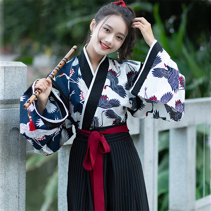 Kimono Traditional Japanese Samurai Costume Women Vintage Crane Print Top Pants Suit Yukata Haori Japan Cardigan Party Cosplay