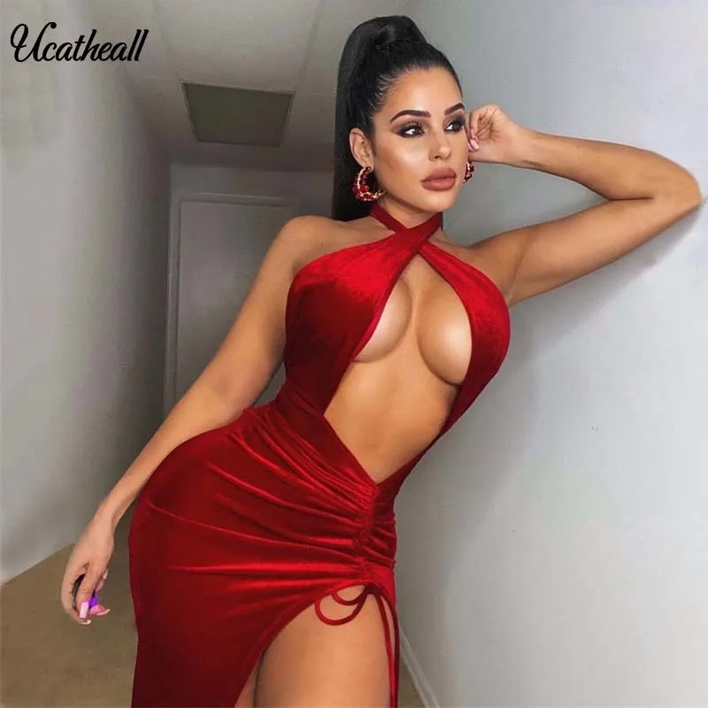 Women Sleeveless Bodycon Dress Ruched Drawstring Hollow Out High Split Sexy Party Club Solid Skinny Female Vestidos | Женская одежда