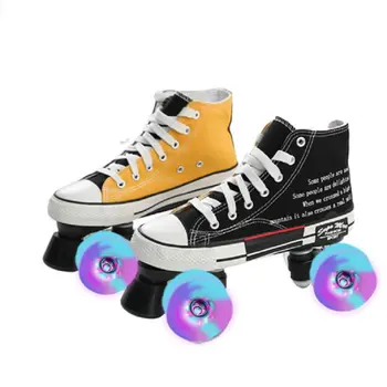 

Ins Hot Canvas Skates Adult Double Row Pulley Roller Skates Patchwork 4-Wheel Men Women Night Flashing Roller Skates Patines
