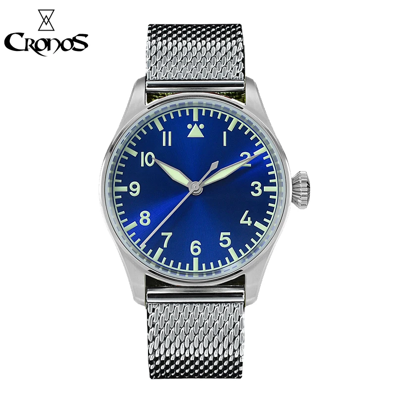 Cronos Pilot Flieger механические мужские часы из нержавеющей стали супер светящийся