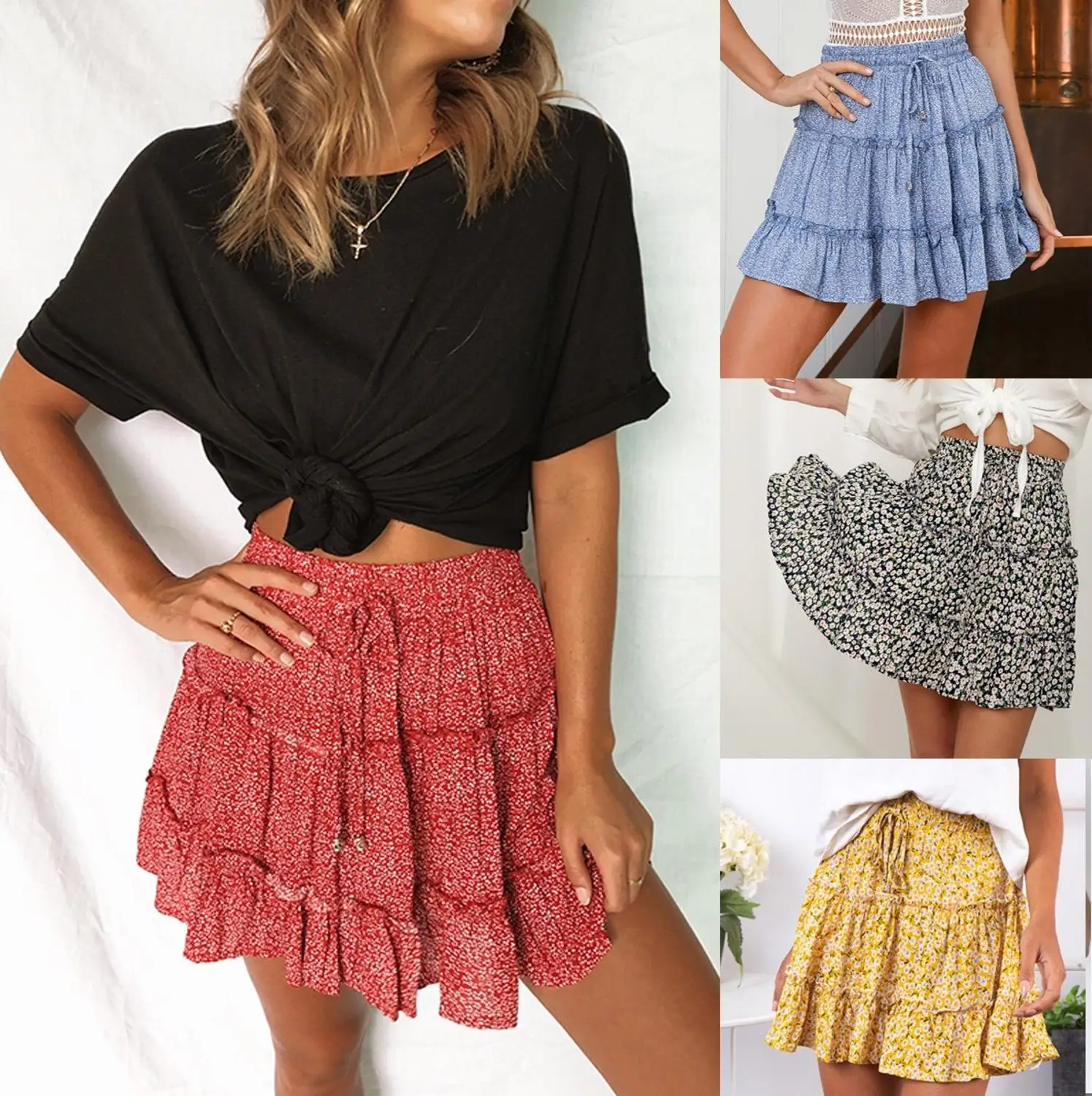 

High Waist Ruffled Floral Skirt Printed Beach A Line Short Skirt Ladies Short Skirt