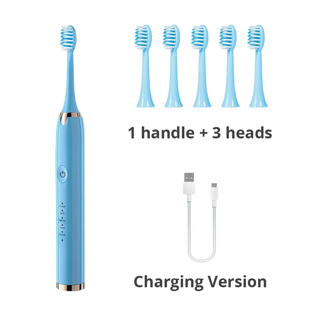 Ultrasonic Electric Toothbrush Wireless Charging for Adult IPX7 Waterproof Replacement Heads Whitening Teeth Timer Smart Brush 6 Heads BU Charging