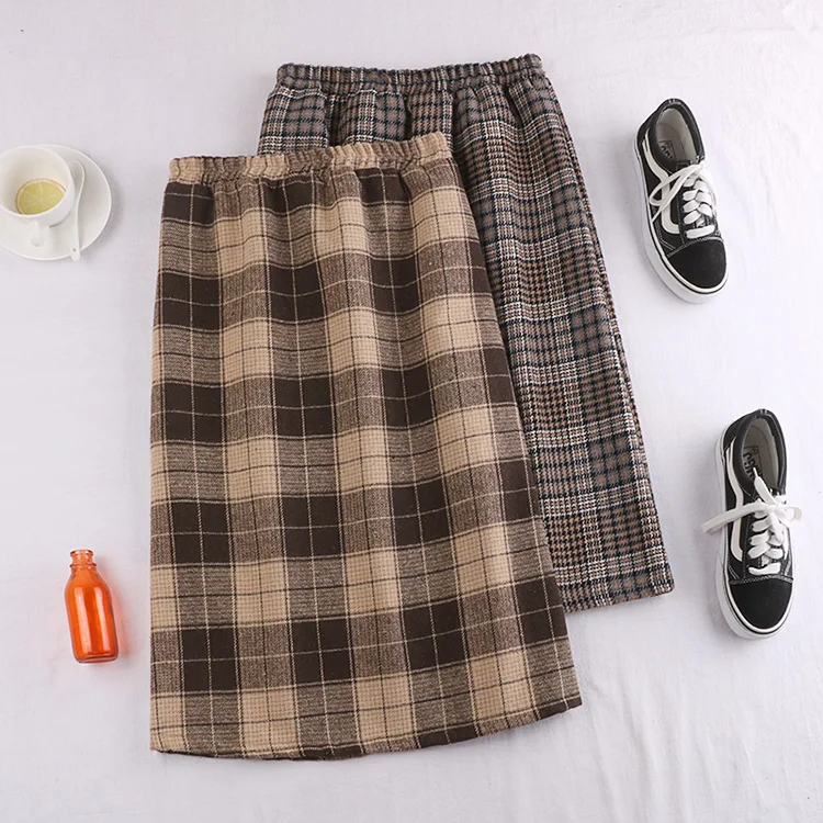 winter vintage plaid wool woollen a line warm thermal skirt for women ladies work wear flexible stretch high waist skirts womens