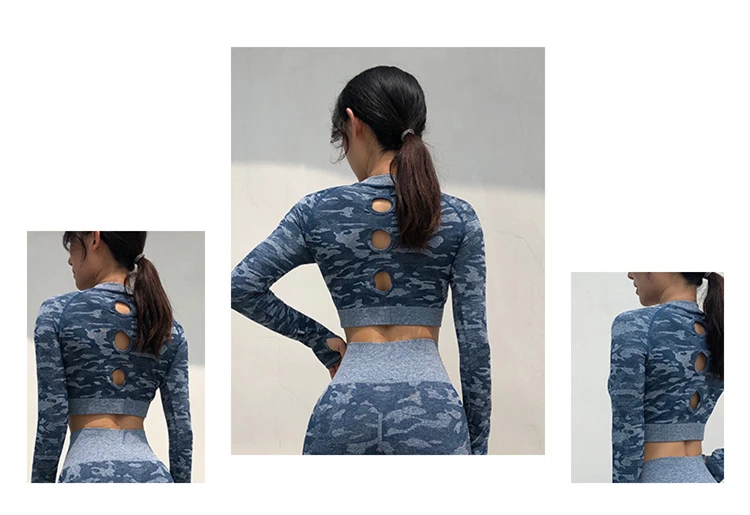 Женский Камуфляжный укороченный топ для йоги, бесшовные рубашки для тренировок с длинным рукавом, укороченные футболки для фитнеса и бега, облегающая Спортивная одежда для спортзала