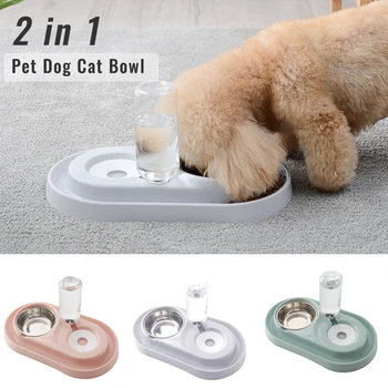 

Hot 2 in 1 Pet Dog Cat Bowl Water Food Feeder Bowl Drinking Fountain Food Dish Green/Grey/Pink