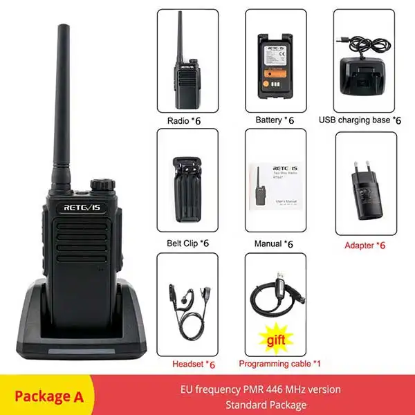 Package A 6 шт. RETEVIS RT647/RT47 IP67 водонепроницаемая профессиональная рация PMR радио PMR446 VOX двухстороннее радио Comunicador с наушником - Цвет: Package A