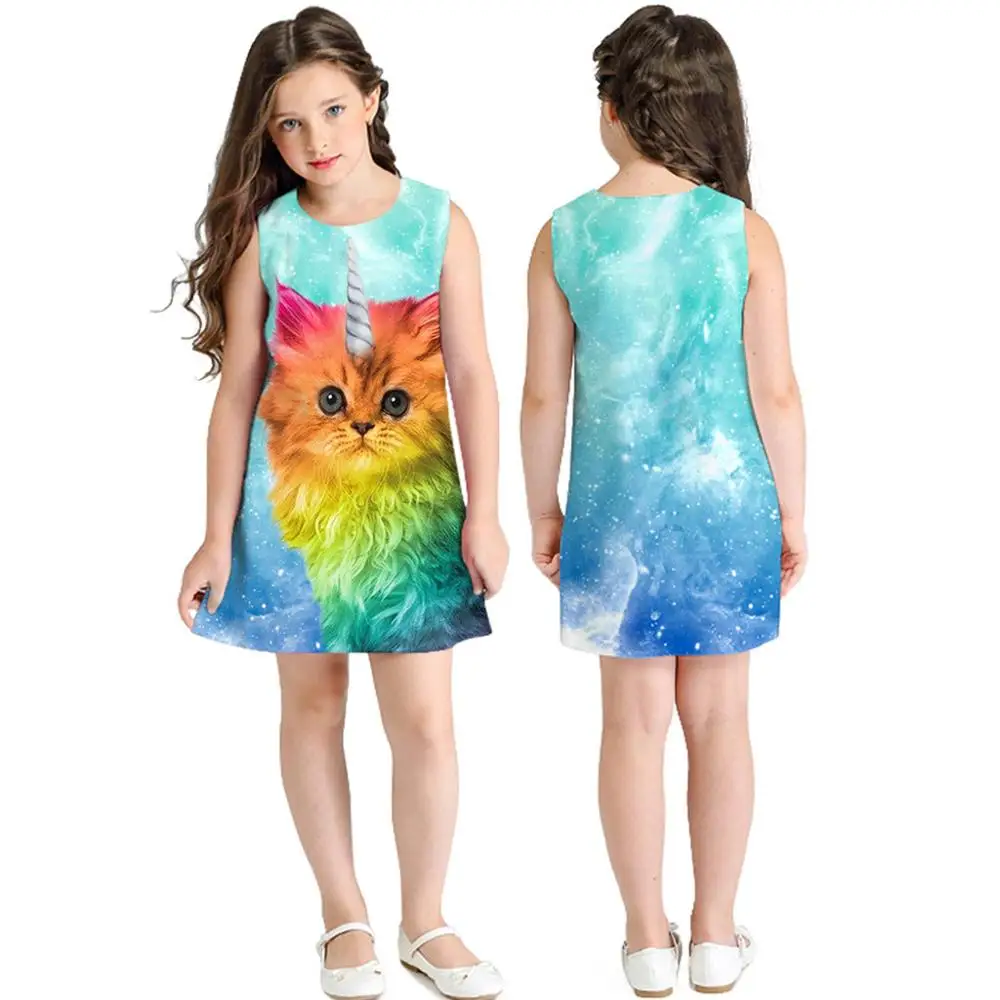 Повседневное Модное детское платье без рукавов с круглым вырезом для девочек; летнее повседневное детское платье с рисунком кота для девочек; нарядные платья для девочек