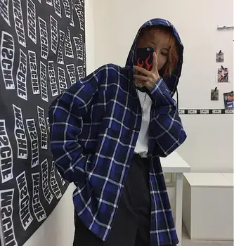 

Harajuku autumn new loose retro hooded plaid jacket