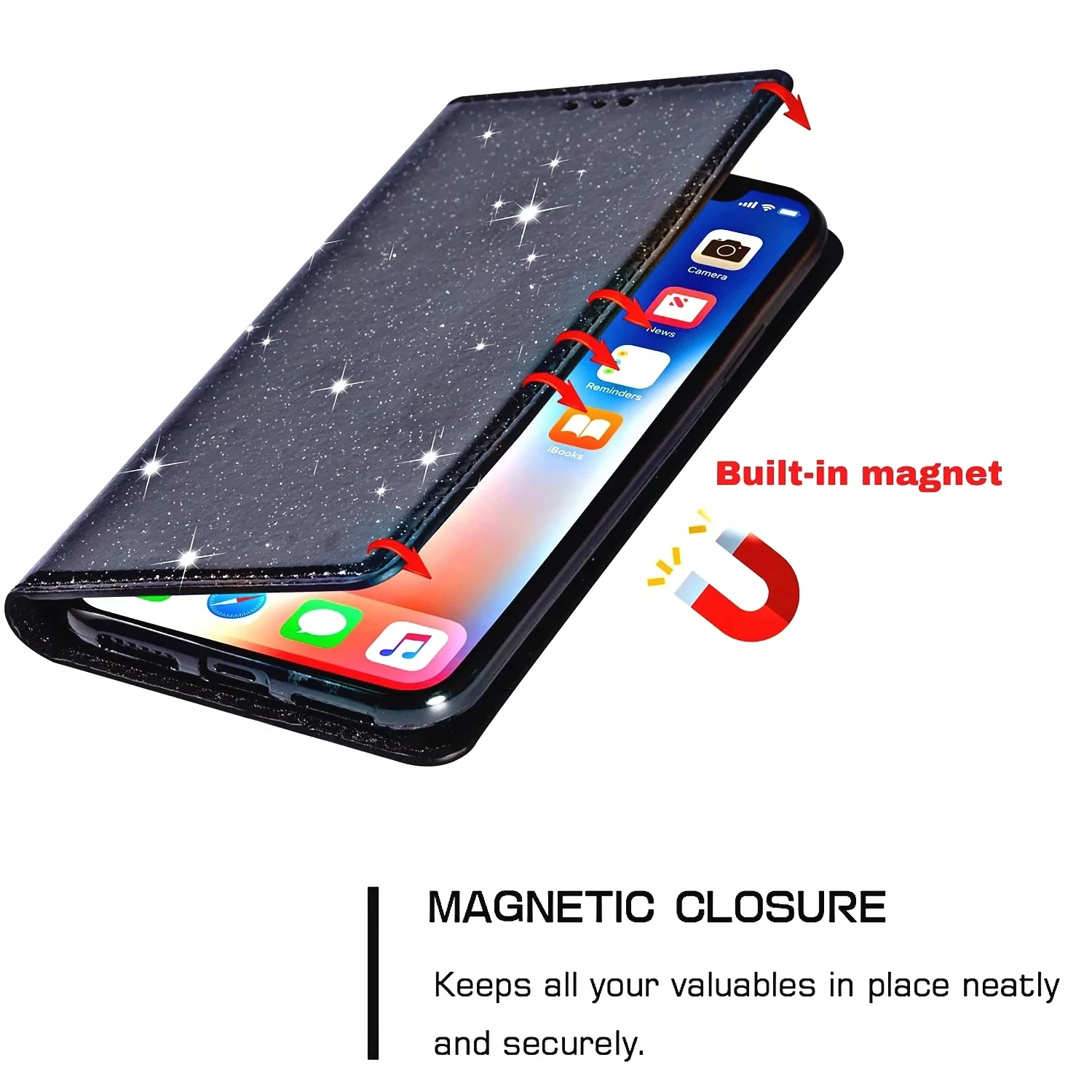 Custodia a portafoglio lucida con glitter per iPhone 12 11 Pro Max 12 Mini X XS Max XR 8 7 6 6s Plus, custodia protettiva lucida a portafoglio Coqu_voghion.com