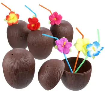 

3 PCS Hawaiian Luau Plastic Coconut Cups with Hibiscus Flower Bendable Straws for Beach Theme Party Supplies