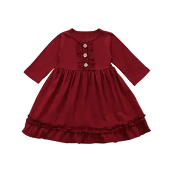 

Newborn Baby Girl Dress Kid Long Sleeve Red Dress Ruffle Frilly Autumn Spring Dress Button Design Outfit Princess Clothes 1-4Y
