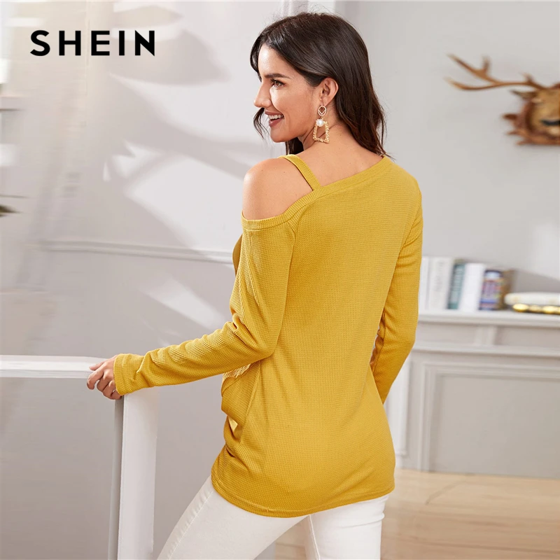 Ceny SHEIN żółty asymetryczny dekolt Twist Hem swobodny sweter kobiety odzież streetwear na jesień i zimę z długim rękawem solidne damskie swetry w stylu casual