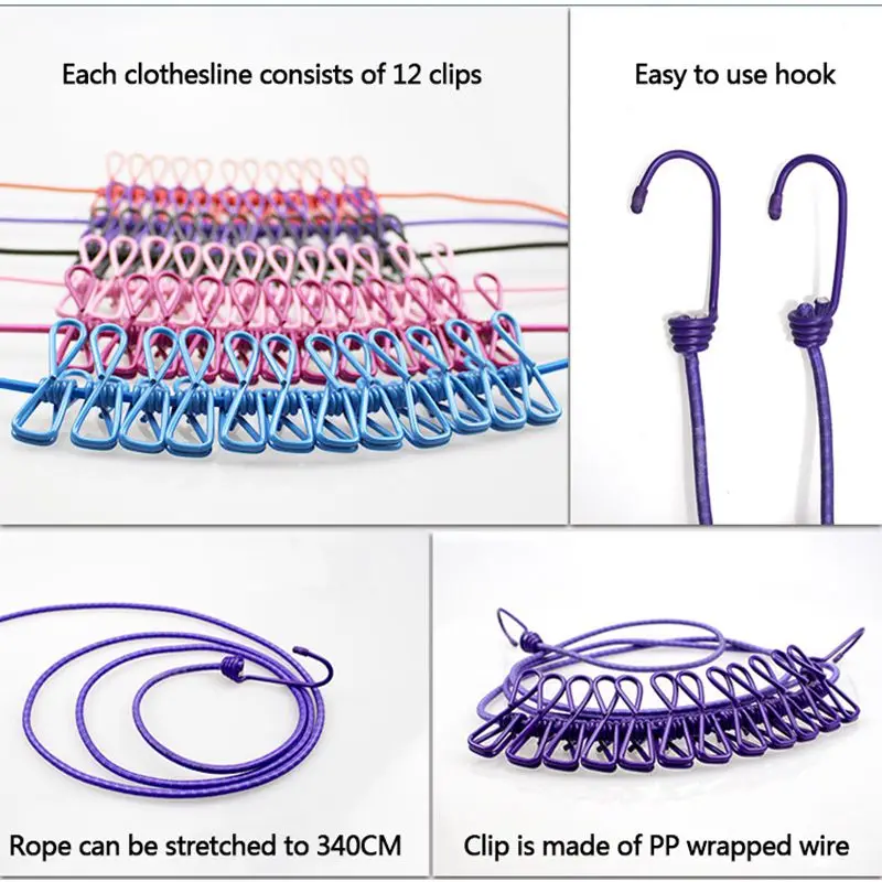 Outdoor& Home Color Portable Receive Accessories Wind and Skid Resistant Clothesline Camping Tent Rope 12-17 pcs Clips