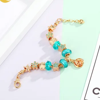 

Exquisite DIY alloy large hole bead bracelet beautiful lake blue acrylic five-pointed star glittering zircon
