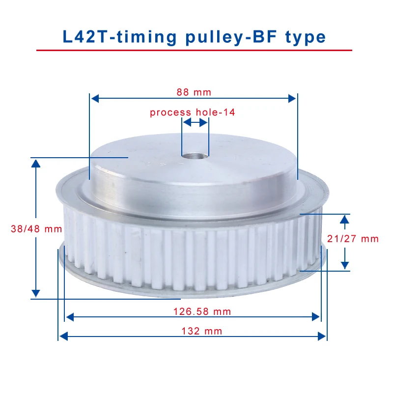 L-42T Timing Pulley Process Hole 14mm Teeth Pitch 9.525 mm Aluminum Wheel Slot Width 21/27 For 20/25 L Belt |