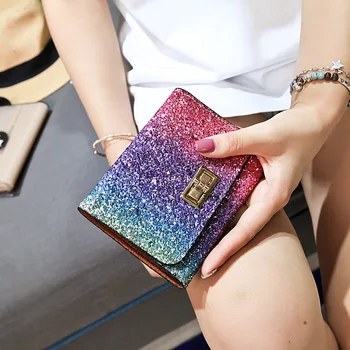

Luxy Moon PU Leather Short Wallet for Women Fashion Sequined Patchwork Glitter Wallet Mini Purse Card Holder ZD1817