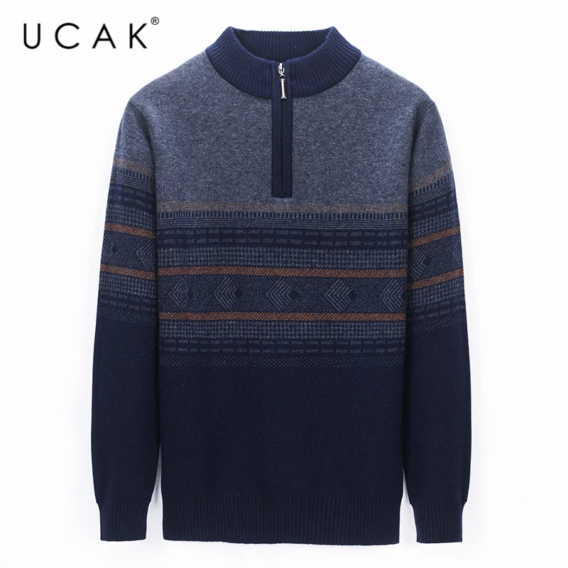 

UCAK Brand Pure Merino Woo Striped Sweaters Men Clothes Zipper Streetwear Sweater Pull Homme Winter Warm Pullover Clothing U3192