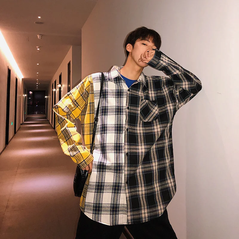 LAPPSTER мужская хлопковая клетчатая рубашка большого размера Мужская хип-хоп Лоскутная рубашка на пуговицах с длинным рукавом Корейская одежда Harajuku для пары