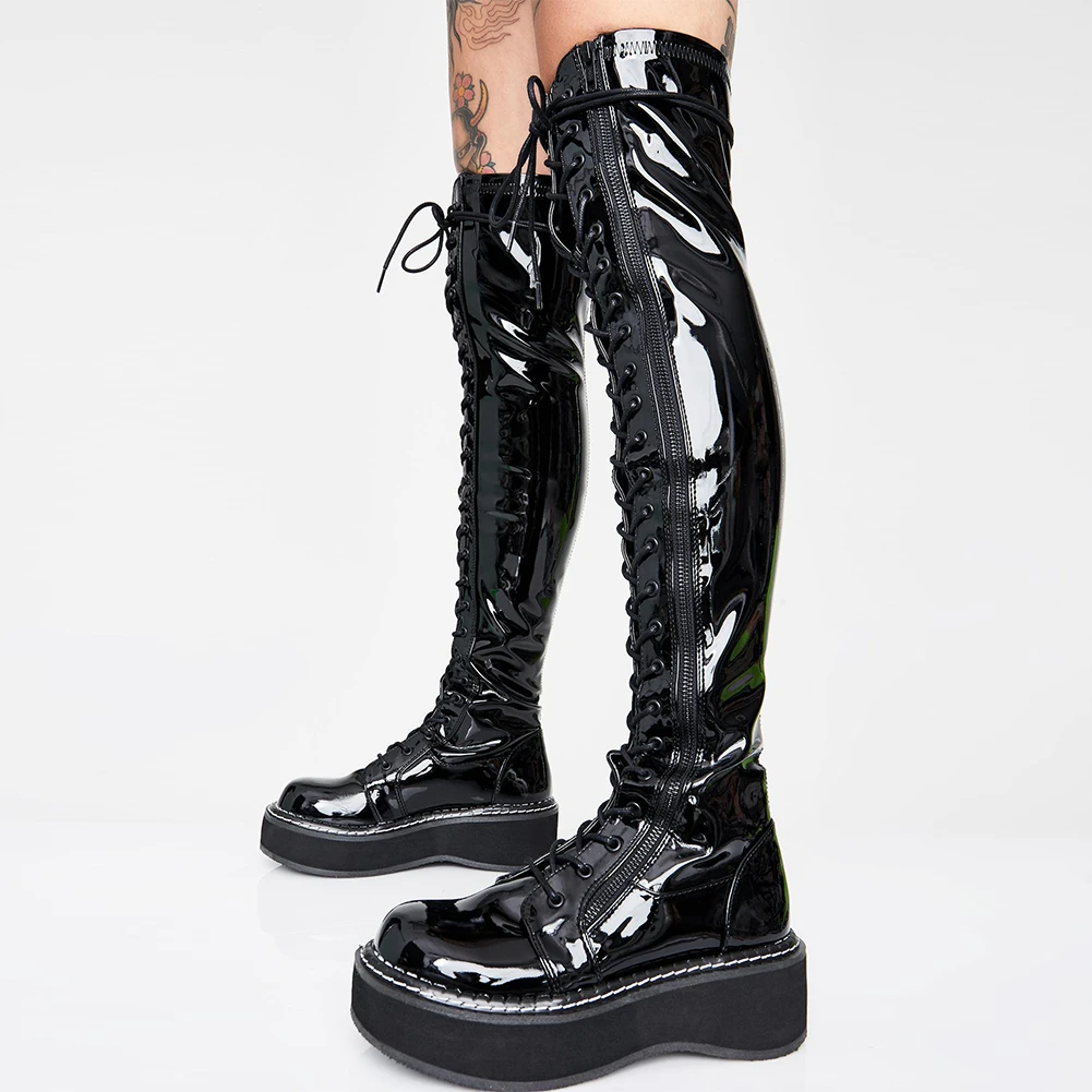 black Patent PU DORATASIA/Новинка, большие размеры 35-46, фирменный дизайн, модные женские сапоги до бедра на платформе, женские сапоги выше колена, женская обувь - Цвет: black Patent PU
